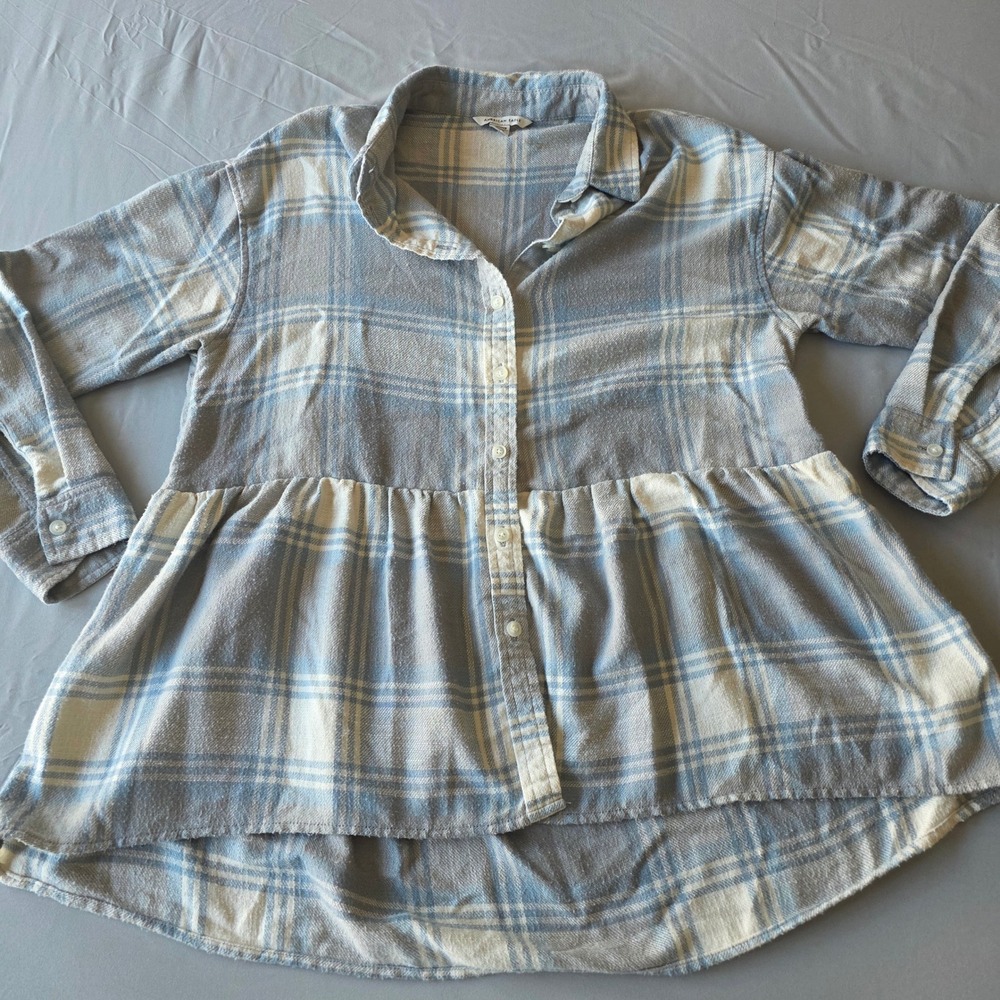 American‎ Eagle Blue Plaid Flannel Peplum Top Womens XS Extra Small Shirt